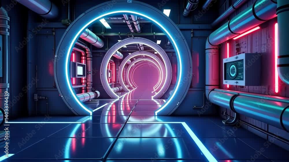 Poster neon glowing circular doorway in futuristic corridor with pipes and displays