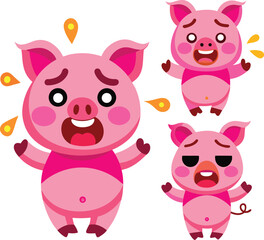 A set of pink pig emojis: embarrassed (sweat), greedy (drool), happy, bashful, dancing.