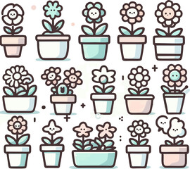 A collection of cute round flower plants in pastel colors, each in a unique pot, arranged in a seamless pattern. The flowers have smiling faces, soft rounded petals, and simple green leaf	