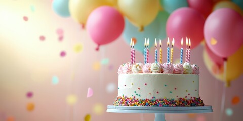 Colorful birthday cake with candles and balloons in festive celebration atmosphere