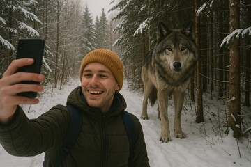 Influencer capturesa  selfie with Majestic Dire Wolf in Snowy Wilderness