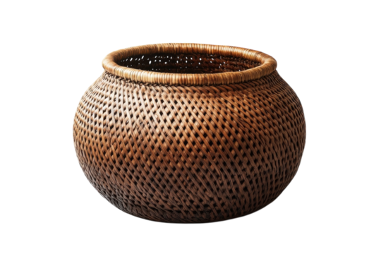 Exquisite handwoven rattan basket rich brown tones intricate diamond pattern isolated on black