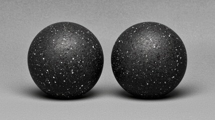 Two black spheres with white speckles are arranged side by side.