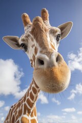 Naklejka premium Close-up of a Curious Giraffe Against a Clear Blue Sky