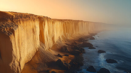 Naklejka premium Desert landscape meets the sea with a tall sandy cliff face illuminated by warm light and a misty horizon creating an