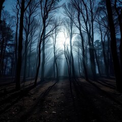 Obraz premium Silver moonlight bathes a tranquil forest floor, shadows long and still, dreamlike, scenic