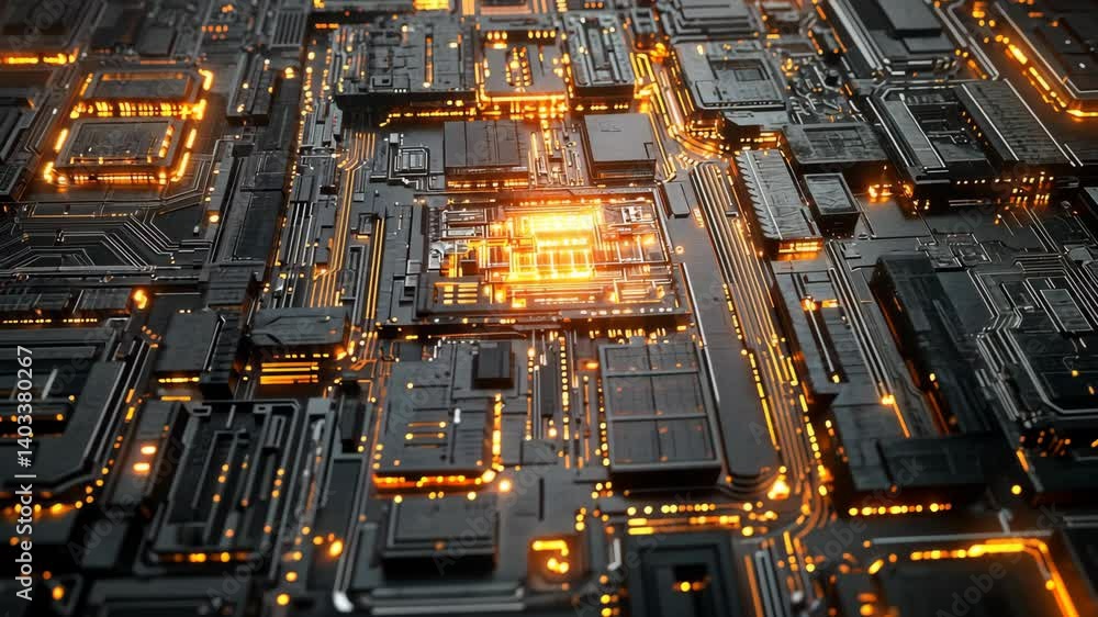 Poster complex technology background with illuminated circuits and detailed motherboard components, represe