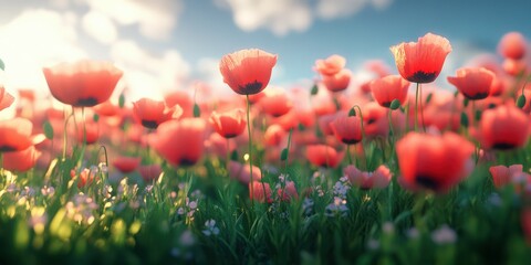 Fototapeta premium Colorful field of blooming poppies under a clear blue sky during early morning light