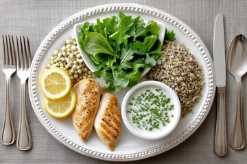 A lunch plate divided into lean protein, whole grains, and fresh greens