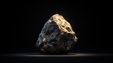 A large, dark gray rock with a rough texture and jagged edges sits in the center of a black background, illuminated by a single light source.