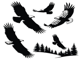 Double exposure-style vector: eagle in flight with a landscape (forest, lake, prey) within its wings