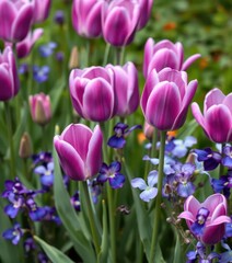 A vibrant tapestry of purple and blue tulips and violets bursts forth against a rich green backdrop, outdoor, tulips