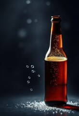 Dark background, amber beer bottle, effervescent bubbles rising, beer bottle, liquid, cold