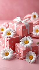 A stack of pink boxes with white polka dots on them