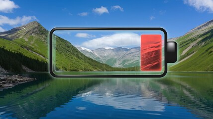 Fototapeta premium Digital Battery Display Over Landscape: Highlighting the contrast between battery life, nature, and our modern technological dependence.