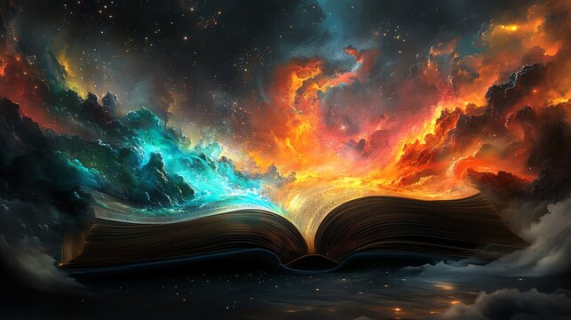 Open book releasing a whirlwind of imagination, discovery, and creativity, vibrant abstract swirls, fantastical landscapes emerging from the pages