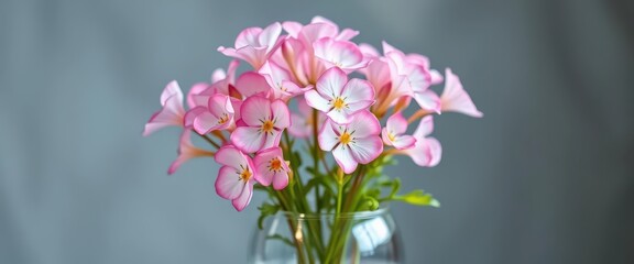 Obraz premium Delicate pink and white Bacopa monnieri blooms in a clear glass vase, summer, beauty