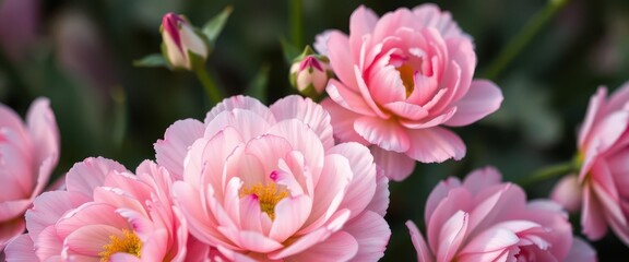 Obraz premium Delicate pink and white ranunculus blossoms, close-up view, bloom, flora, soft