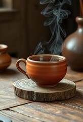 Earthy ceramic teacup, steaming water, low table, rustic setting, table, beverage