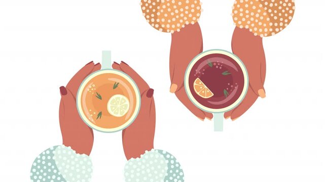 Animation of two pairs of friends hands drinking herbal tea, cup mug, top view of the table. Friendly support in difficult times. Tea with citrus fruits. Tea break.
