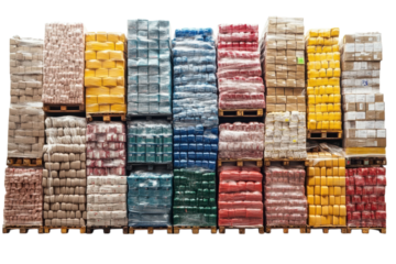 Colorful pallets of packaged goods in a warehouse a vibrant display of inventory management