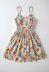 Floral summer dress with spaghetti straps laid flat on a white background 