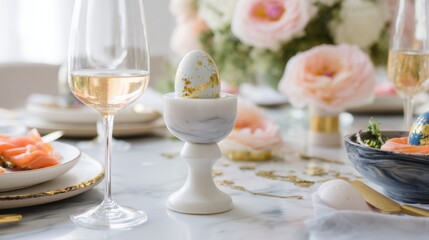 Elegant Easter brunch table setting featuring hand-painted eggs on marble stand, smoked salmon roses, and champagne flutes with edible gold flakes.