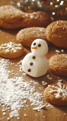 Fototapeta premium Adorable Marshmallow Snowman with Gingerbread Cookies Christmas Dessert