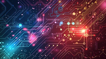Obraz premium A colorful glowing of a digital circuit board with many small dots