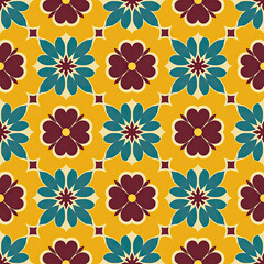 Immerse yourself in the retro charm of a seamless tile pattern, its symmetrical maroon and blue flowers set against a mustard yellow background in flat vector design.
