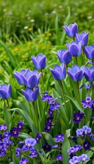 Lush green backdrop, vibrant blue-purple tulips & violets in full bloom, vibrant, lush