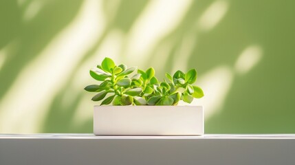 A small potted plant sits on a white shelf against a green wall.