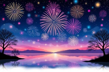 Dreamy Fireworks Over Tranquil Lake