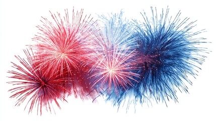 A vibrant display of red and blue fireworks lighting up the night sky, celebrating.
