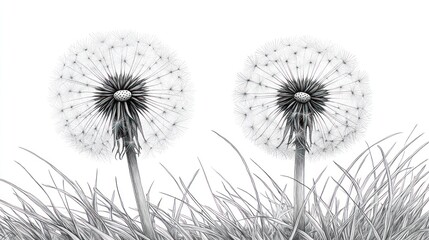 Two monochrome dandelion seed heads in grass against white background.