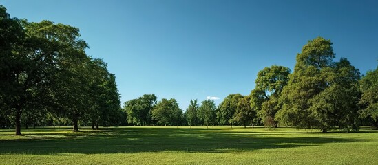 Naklejka premium Vast green grassland surrounded by dense trees under clear blue cloudless sky, wide-angle landscape with natural daylight and serene emptiness.