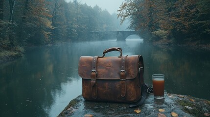 Serene Autumnal Landscape with Leather Briefcase
