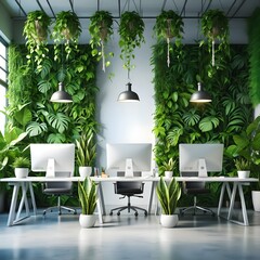 Modern Green Office Interior – Living Plant Wall, Pothos Dividers & White Desks with Natural Light