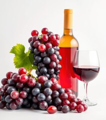 A cluster of ripe grapes beside a bottle and glass of wine on a pristine white background, wine, vineyard