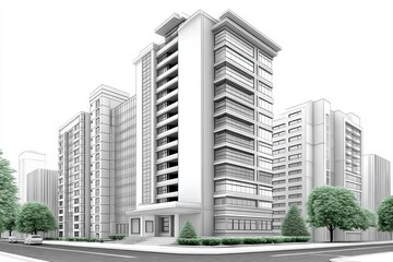 Clean line drawing of buildings growing upward over dotted base