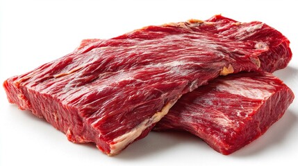 Obraz premium Two fresh cuts of raw beef flank steak sit ready for cooking, isolated on white.