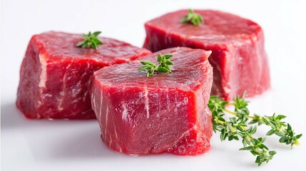 Delicious raw filet mignon steaks are artfully arranged and garnished with fresh thyme.