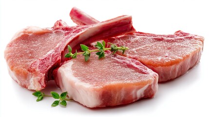 Fototapeta premium Fresh pork chops, ready to be cooked, beautifully arranged with fresh herbs on a white surface.