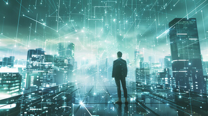 Business man on future network city ,Smart City Strategy, Innovation in Motion, Networked Ambition, Urban Evolution, Tech-Powered Progress, Business Beyond Limits, Intelligent Infrastructure