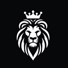 Create a bold, minimalist black and white vector logo of a lion's head with a majestic crown. The lion should have a symmetrical, fierce expression and a flowing, stylized mane. The design must convey
