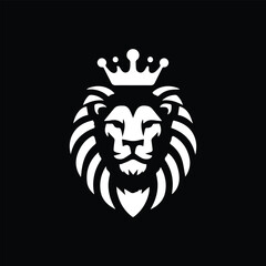 Create a bold, minimalist black and white vector logo of a lion's head with a majestic crown. The lion should have a symmetrical, fierce expression and a flowing, stylized mane. The design must convey