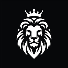 Create a bold, minimalist black and white vector logo of a lion's head with a majestic crown. The lion should have a symmetrical, fierce expression and a flowing, stylized mane. The design must convey