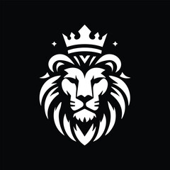 Create a bold, minimalist black and white vector logo of a lion's head with a majestic crown. The lion should have a symmetrical, fierce expression and a flowing, stylized mane. The design must convey