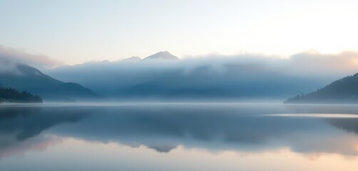 Misty dawn on tranquil mountain lake, soft light reflecting on still water, serene atmosphere, mystical, landscape