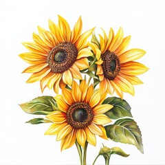 Fototapeta premium Watercolor painting of three sunflowers with leaves isolated on a white background